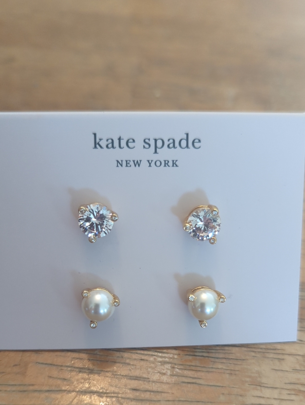 Kate Spade Gold Tone Crystal and Pearl Stud Earring Set New Perfect For Weddings